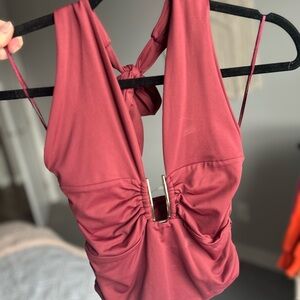 Plunge Halter Top with Gold Metal Cut-out in Burgundy